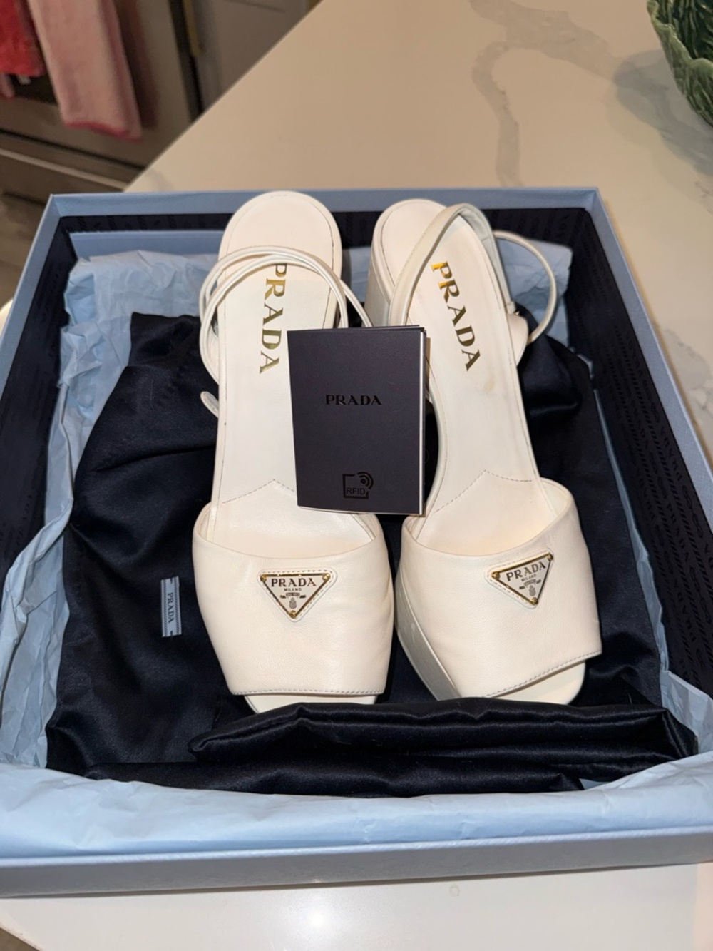 Prada White Leather Platform Block Heel Sandals with Gold Logo - Picture 2 of 12